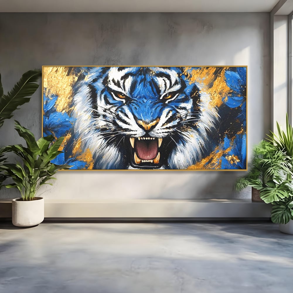 Tablou canvas cu tablou canvas cu tigru albastru si flori, in rama de aluminiu auriu